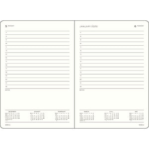 Open page view of Leuchtturm Daily Planner 2026 showing A5 format with lined spaces for notes and schedules, January dates visible.