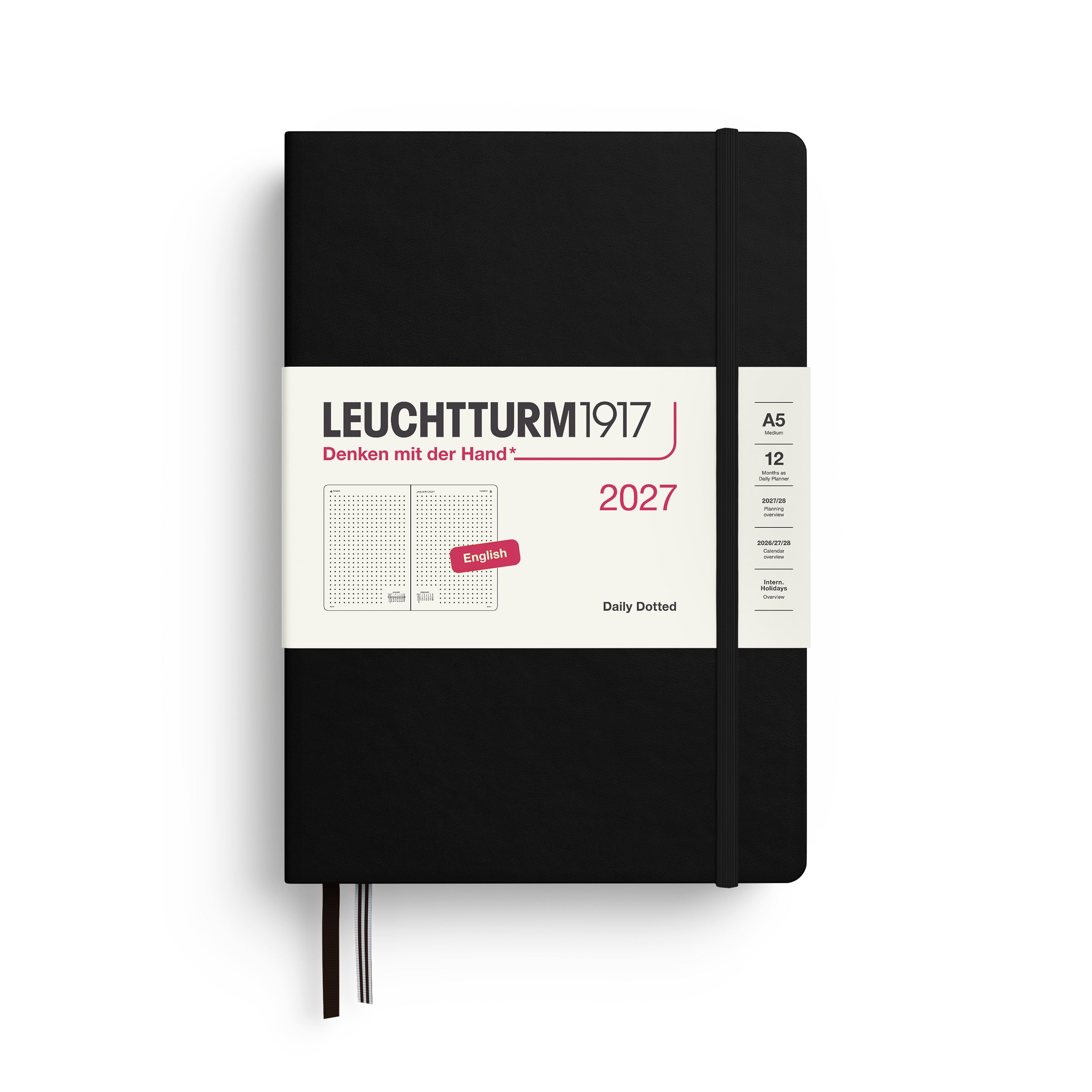 Leuchtturm1917 Daily Planner 2027 - A5 Medium Hardcover, Dotted - Black