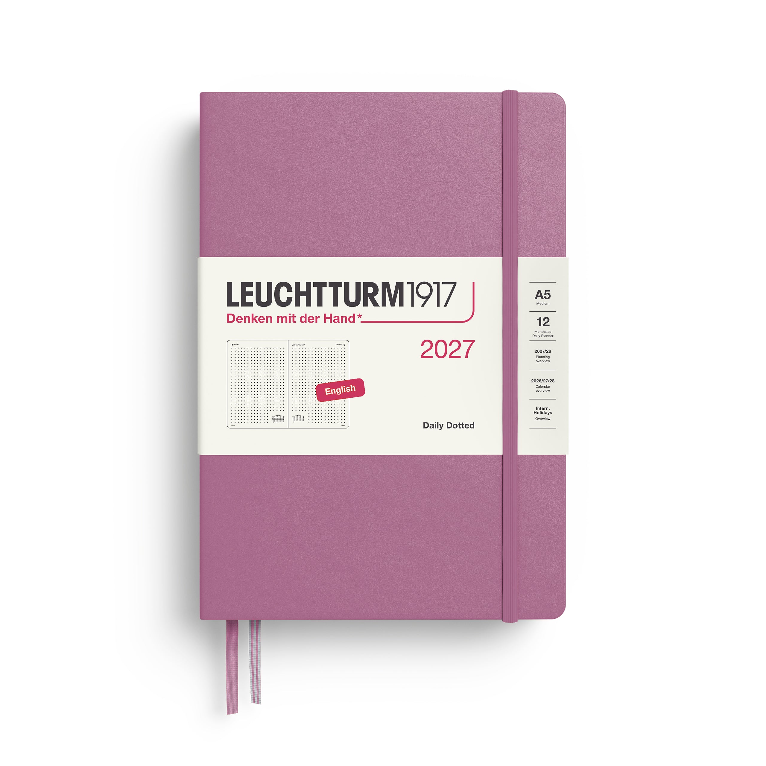 Leuchtturm1917 Daily Planner 2027 - A5 Medium Hardcover, Dotted - Dusty Rose