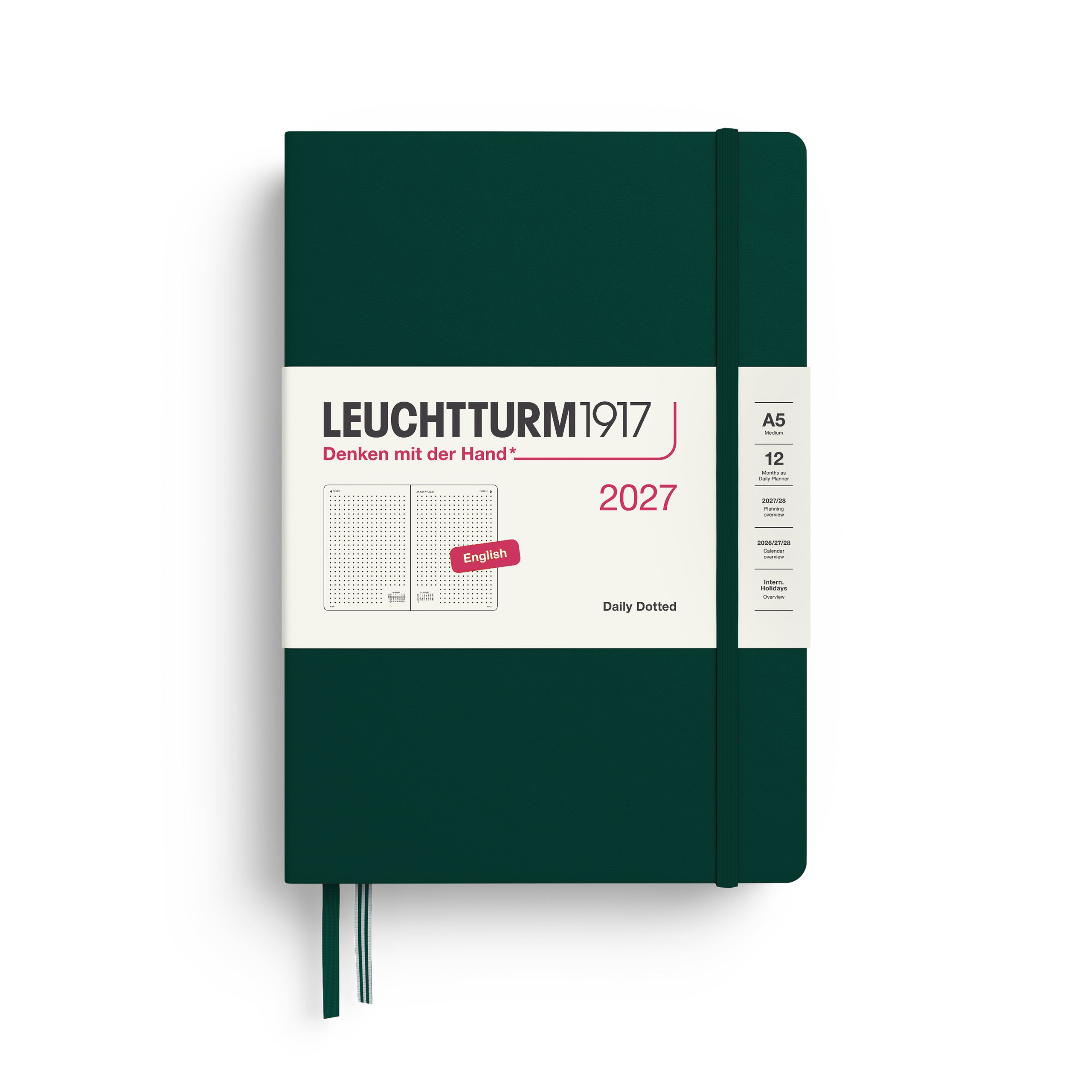 Leuchtturm1917 Daily Planner 2027 - A5 Medium Hardcover, Dotted - Forest Green