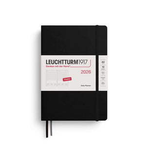 Leuchtturm Daily Planner 2026 in Medium A5 Hardcover, black cover with elastic closure.
