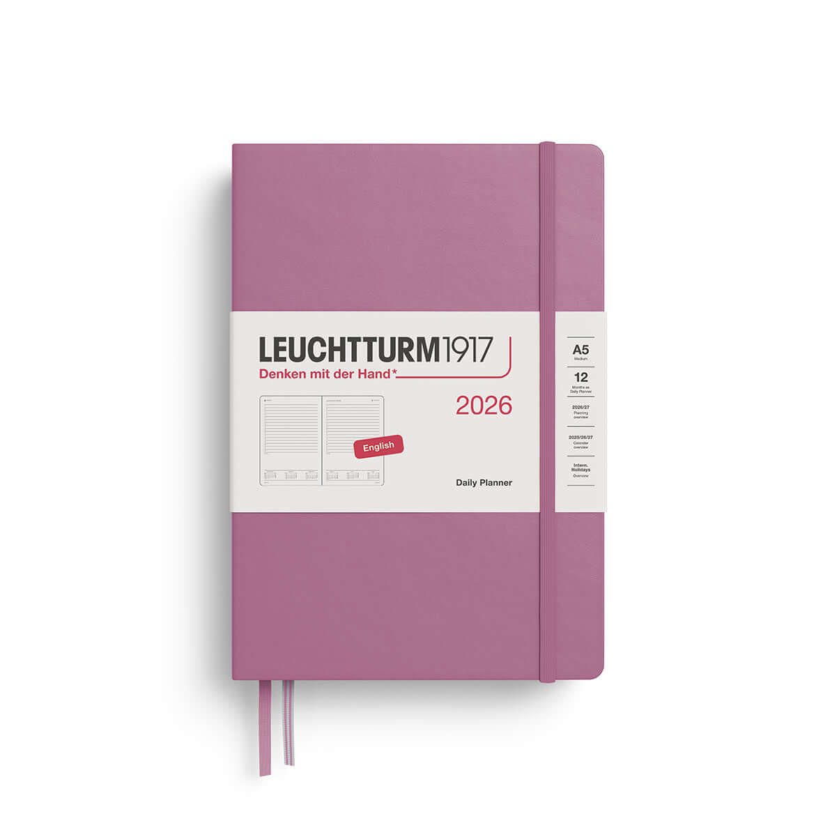 Leuchtturm 2026 Daily Planner A5 Hardcover in purple with full-page daily layout, ideal for detailed notes and schedules.