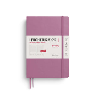 Leuchtturm 2026 Daily Planner A5 Hardcover in purple with full-page daily layout, ideal for detailed notes and schedules.