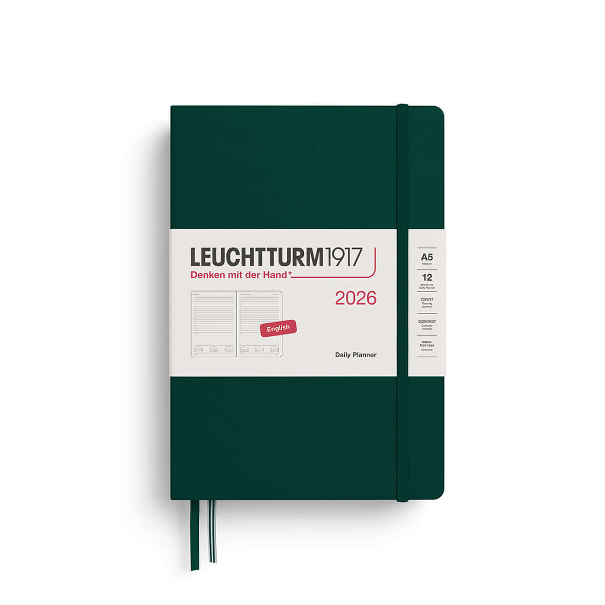 Leuchtturm 2026 Daily Planner Medium A5 Hardcover with full-page daily layout in green cover