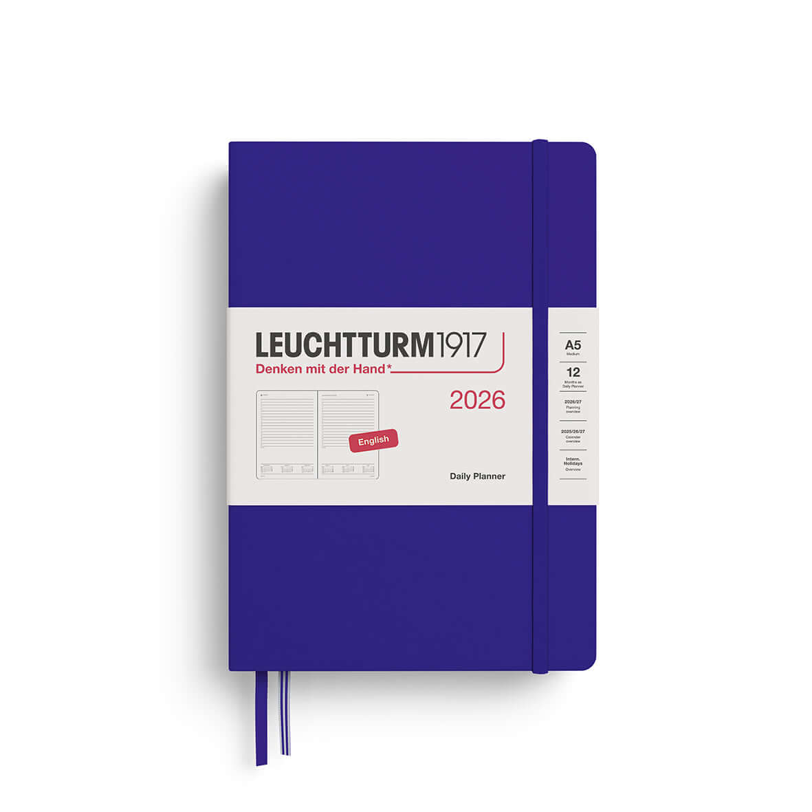 Leuchtturm 2026 Daily Planner Medium A5 Hardcover in blue with a full page per day, ideal for detailed notes and schedules.