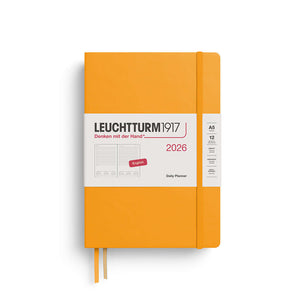 Leuchtturm Daily Planner 2026 in A5 size, orange hardcover, full page per day, ideal for detailed notes and schedules.