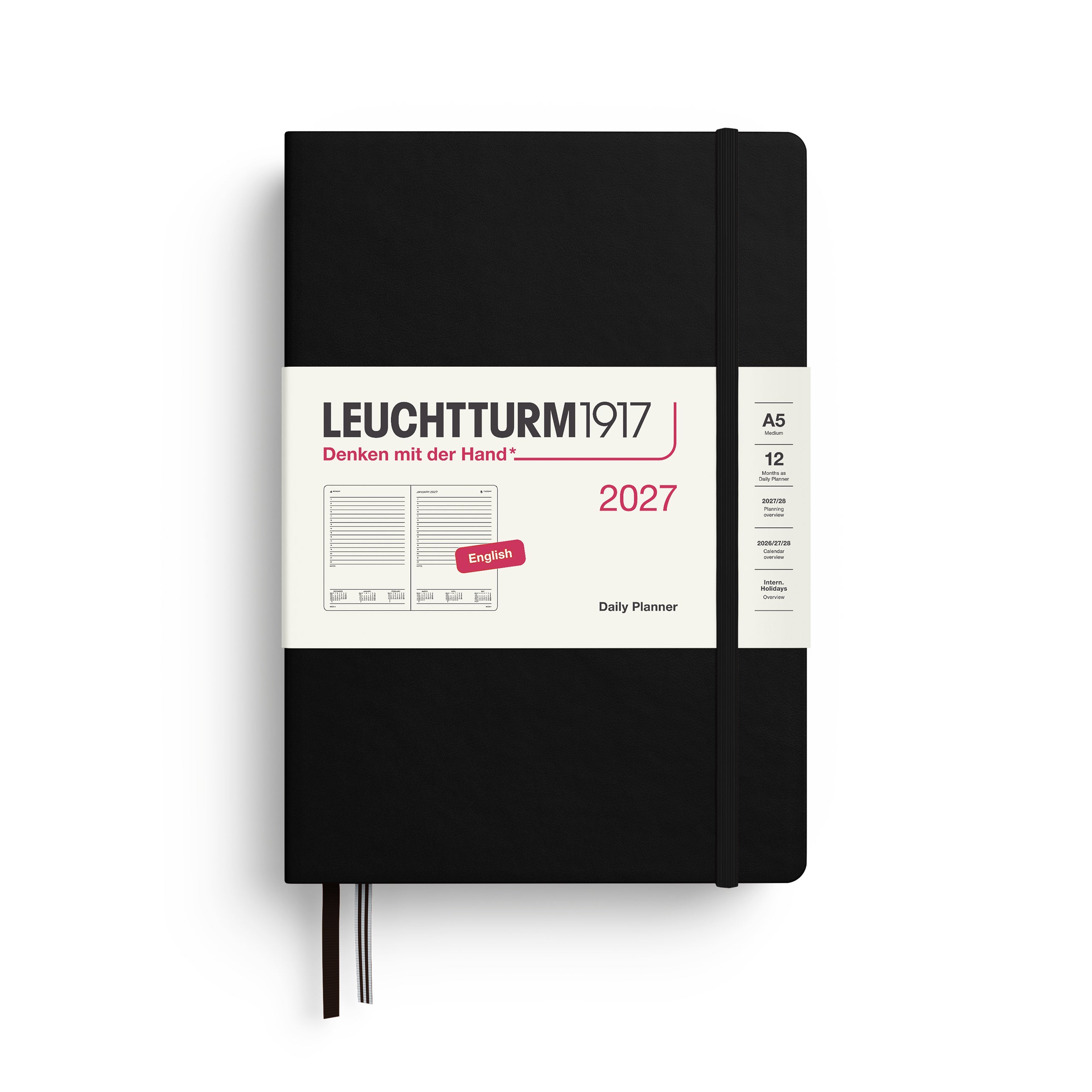 Leuchtturm1917 Daily Planner 2027 - A5 Medium Hardcover - Black