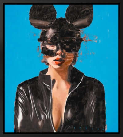 "Darker Shade of Cerulean by Brad Robson" painting featuring a figure in a black outfit against a blue background.