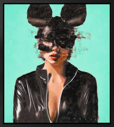 "Darker Shade of Aqua by Brad Robson" painting featuring a woman in a black mask and headpiece, set against an aqua background.
