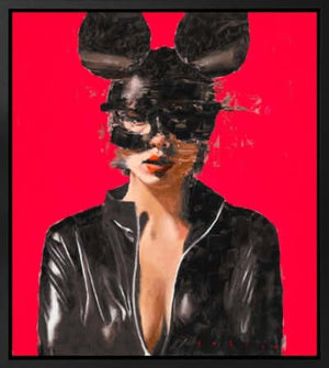 Painting titled 'Darker Shade of Crimson by Brad Robson' featuring a woman in a black outfit with mouse ears on a red background.