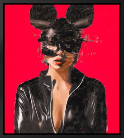 Painting titled 'Darker Shade of Crimson by Brad Robson' featuring a woman in a black outfit with mouse ears on a red background.