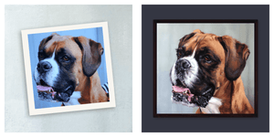Bespoke portrait of a Boxer dog in custom frame by bradburyART, celebrating furry family members with personalized artwork.