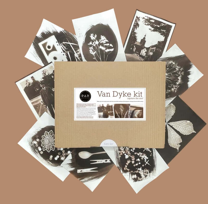 DIY Van Dyke Kit – Paper by PAR with sepia-toned prints and kit contents, showcasing an alternative photography experience.
