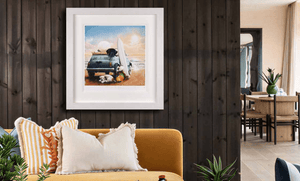 Doug Hyde Beach Buddies – Limited Edition Giclée Print, Framed displayed in a stylish living room setting.