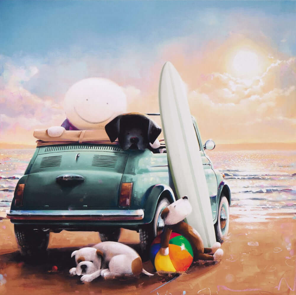 Doug Hyde Beach Buddies – Limited Edition Giclée Print, Framed featuring a happy character and playful dogs at the beach.