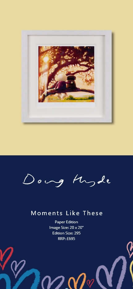Framed artwork Moments Like These by Doug Hyde depicting a warm, golden morning scene of a person and dog under trees.