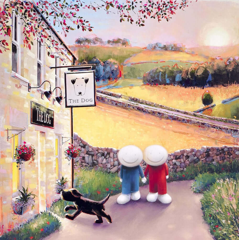 Doug Hyde See A Man About A Dog – Limited Edition Giclée Print, Framed, featuring cheerful figures and a dog by a pub.