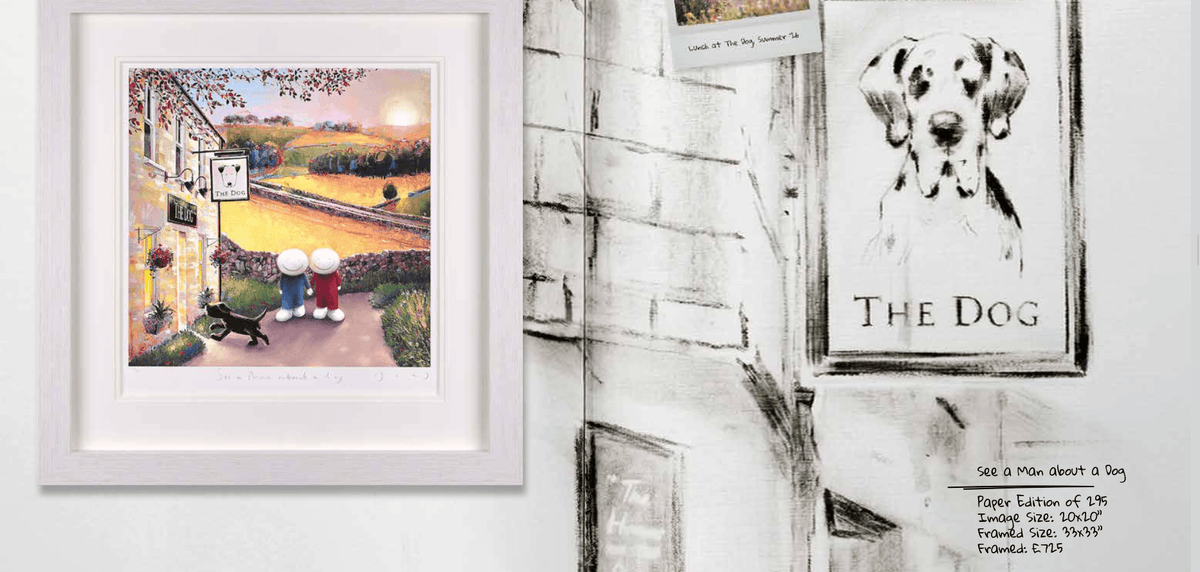 Doug Hyde See A Man About A Dog – Limited Edition Giclée Print, Framed on display with charming background.