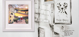 Doug Hyde See A Man About A Dog – Limited Edition Giclée Print, Framed on display with charming background.