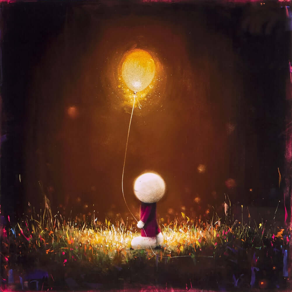 Doug Hyde Shine Bright – Limited Edition Giclée Print with Glitter, Framed depicting a figure holding a glowing balloon.
