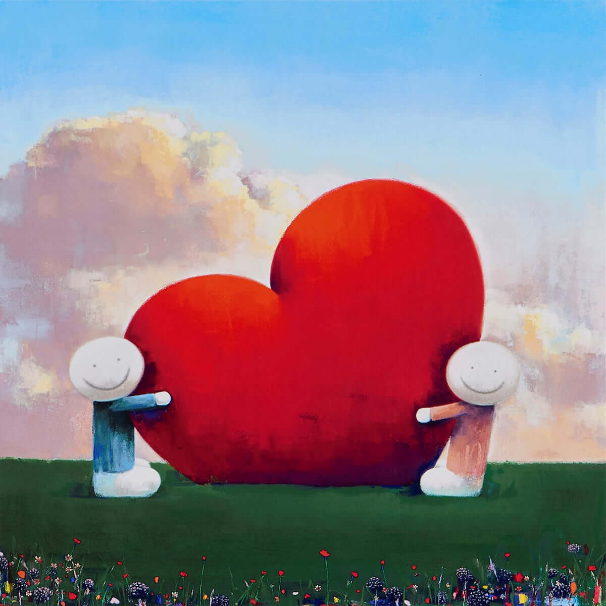 Love Found Us by Doug Hyde painting of two figures hugging a large red heart on a grassy field.