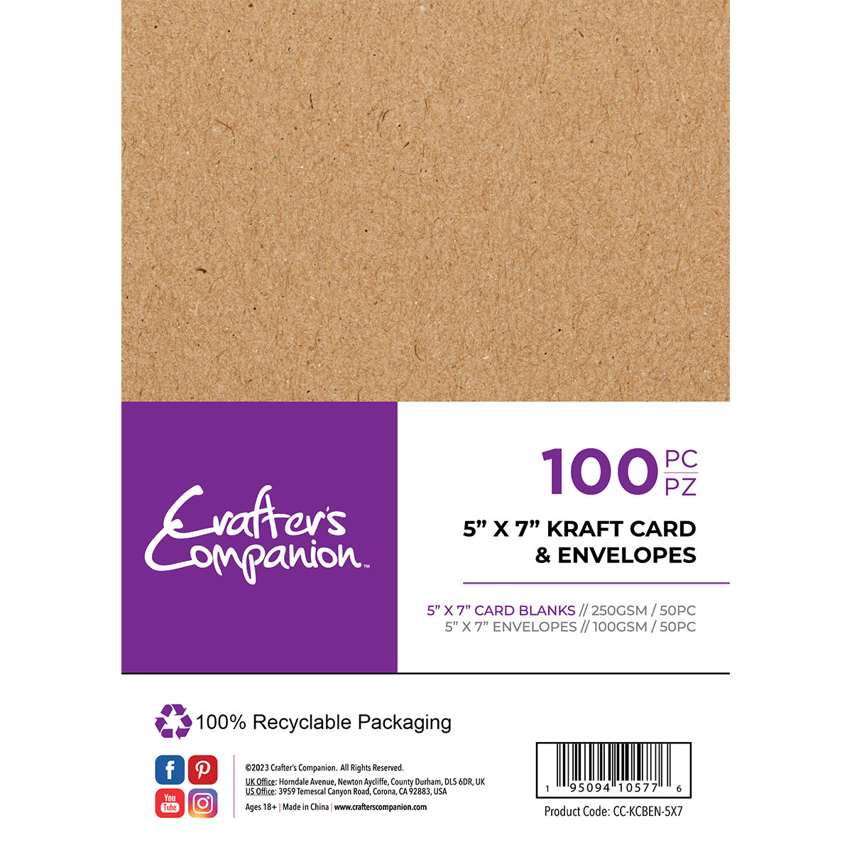 Crafter's Companion 5x7in Kraft Card & Envelopes 100pc