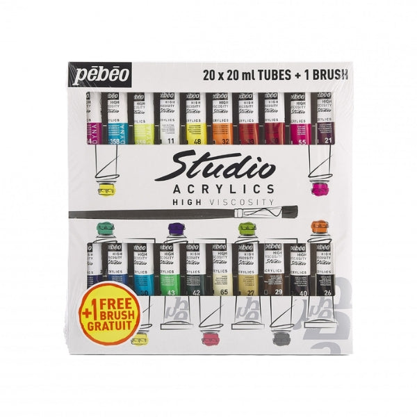 Pebeo Studio Acrylics Set - 20 x 20ml plus 1 x Brush