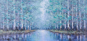 Echoes of Calm by Inam serene woodland path reflected in tranquil water, limited edition canvas on board, artwork framed size 51x29 inches.