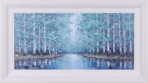 Echoes of Calm by Inam artwork, limited edition canvas depicting serene woodland path, size 42x20", framed 51x29", edition of 150