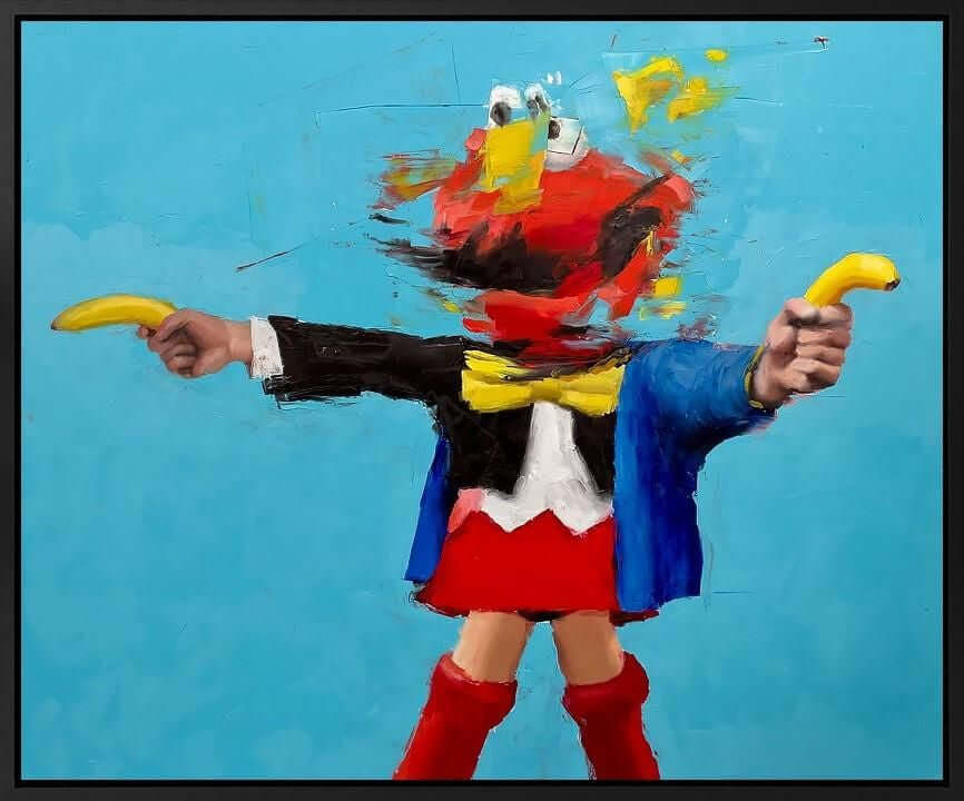 Elmo Unchained by Brad Robson art piece featuring a distorted figure with bananas on blue background