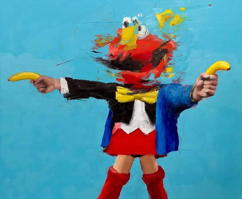 "Elmo Unchained by Brad Robson" painting featuring abstract Elmo with bananas and vibrant colors on blue background.