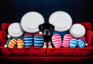 Doug Hyde's 'Family Time' painting featuring a smiling family with a black dog on a red couch, showcasing mindfulness and emotion.