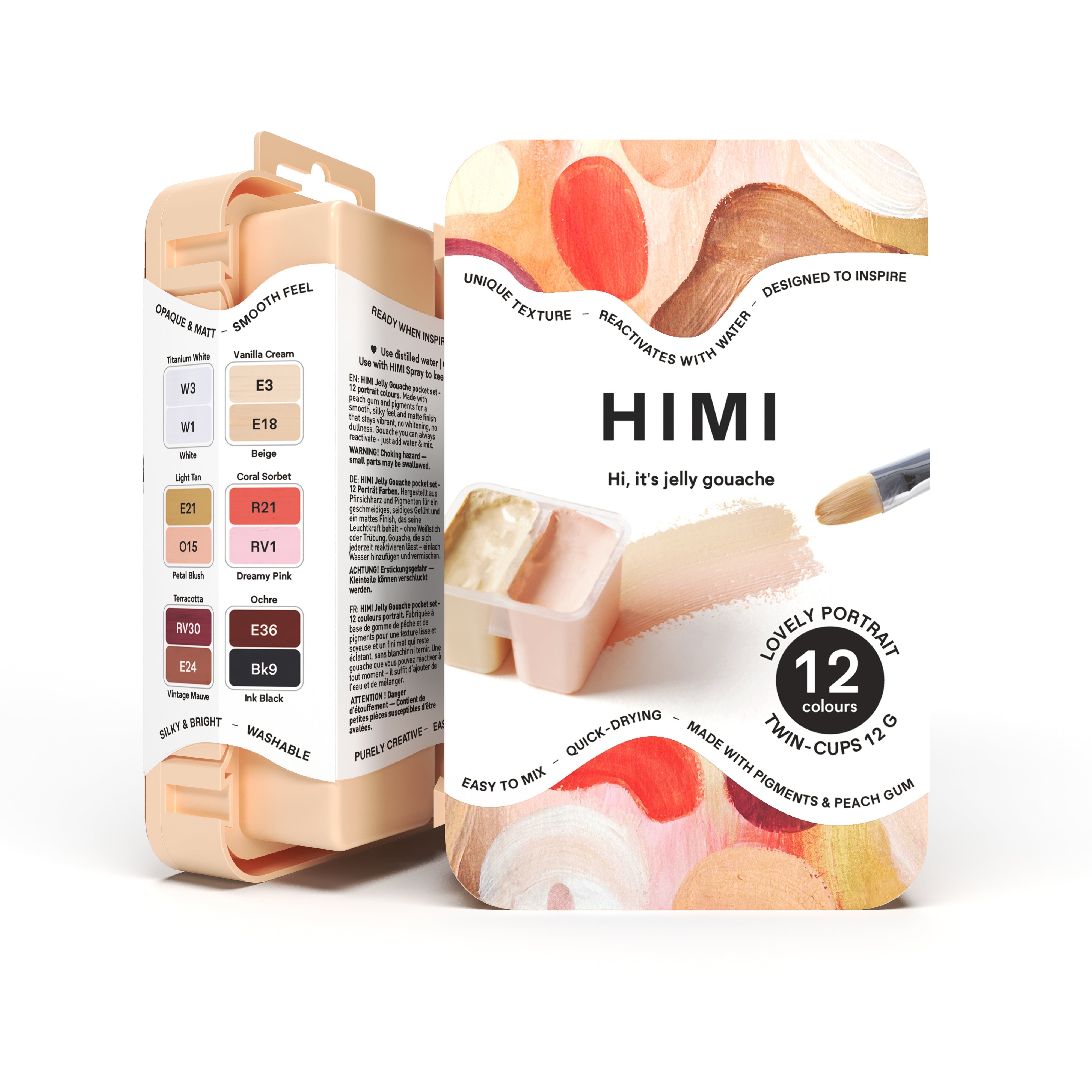 HIMI Twin Cup Gouache Set - 12 Lovely Portrait Colours (Peach Case) open twin-cup palette of warm portrait tones.