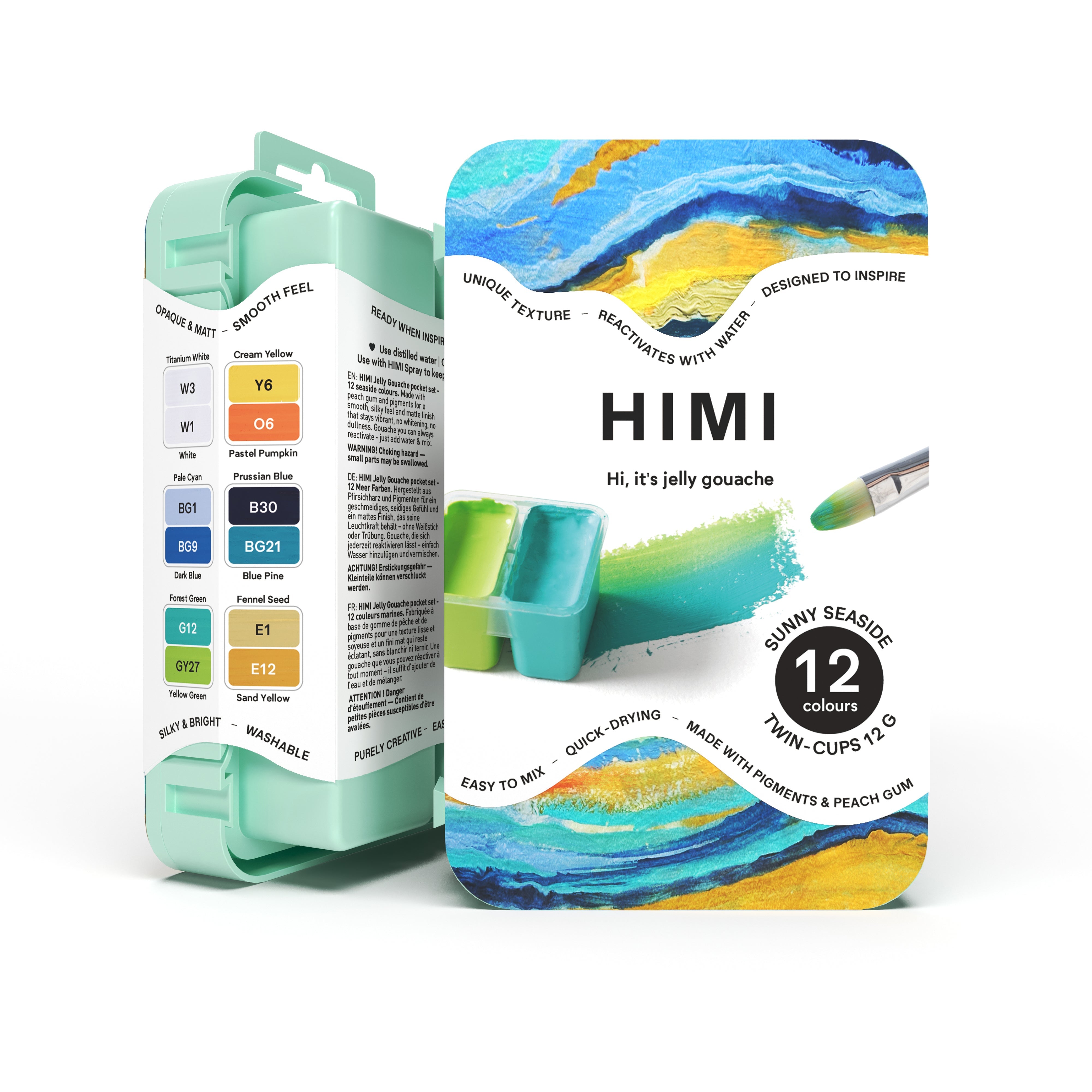 HIMI Twin Cup Gouache Set - 12 Sunny Seaside Colours (Green Case) open twin-cup palette of coastal tones.