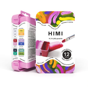 HIMI Twin Cup Gouache Set - 12 Fresh Botanic Colours (Pink Case) open twin-cup palette of botanical tones.