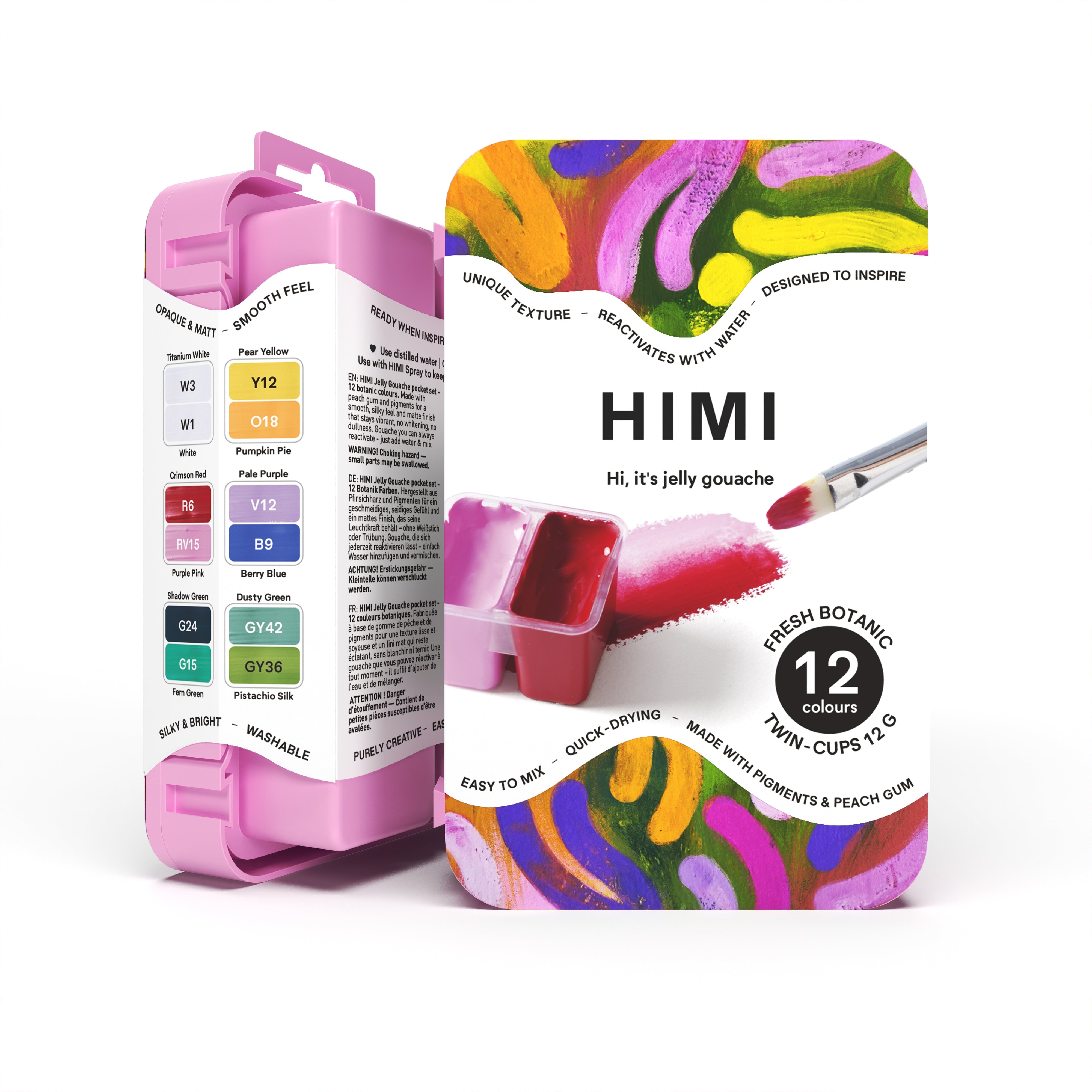 HIMI Twin Cup Gouache Set - 12 Fresh Botanic Colours (Pink Case) open twin-cup palette of botanical tones.