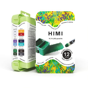 HIMI Twin Cup Gouache Set - 12 Nature Landscape Colours (Apple Green Case) open twin-cup palette of landscape tones.