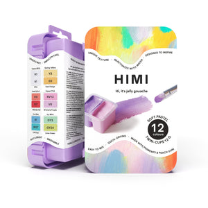 HIMI Twin Cup Gouache Set - 12 Soft Pastel Colours (Purple Case) open twin-cup palette of soft pastel tones.