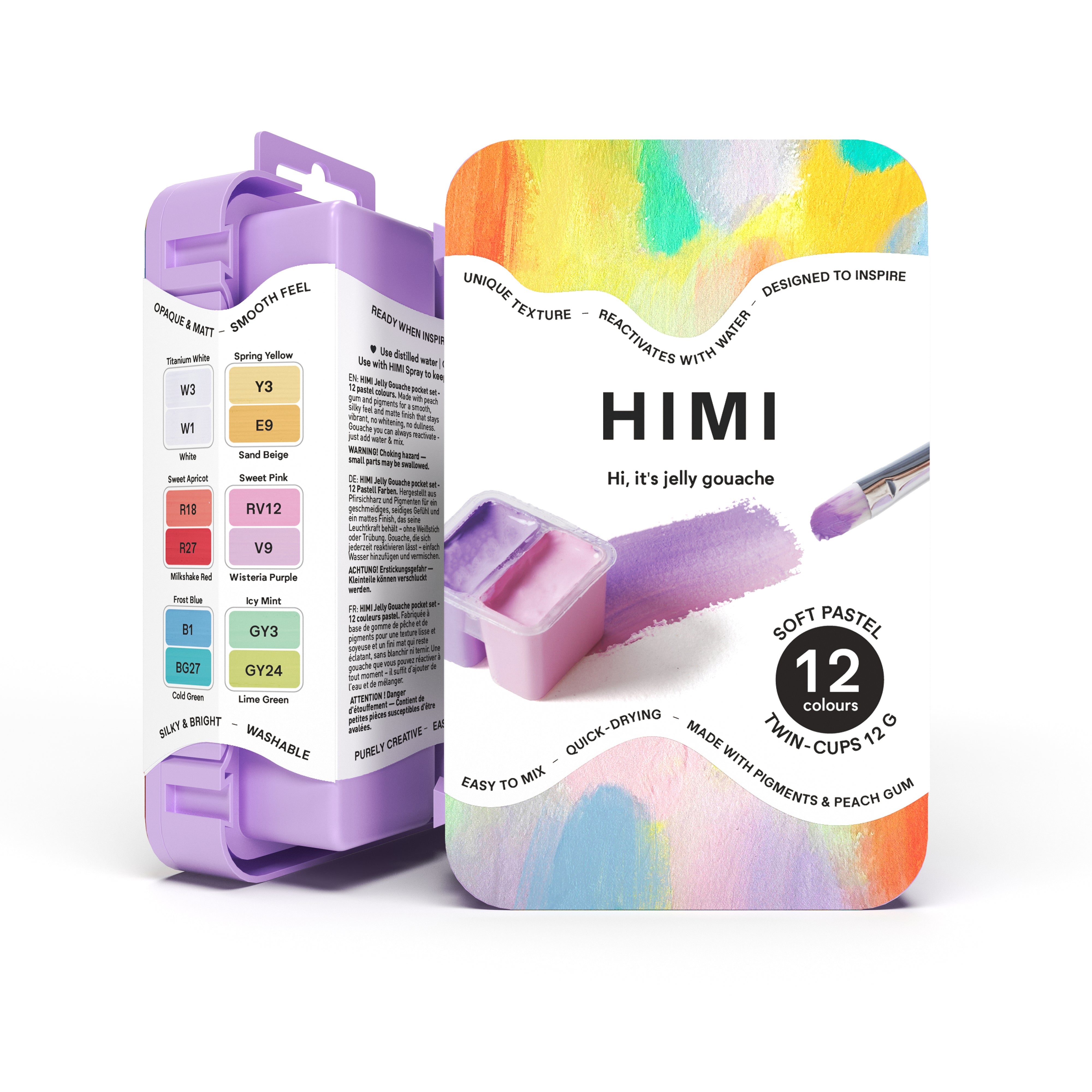 HIMI Twin Cup Gouache Set - 12 Soft Pastel Colours (Purple Case) open twin-cup palette of soft pastel tones.
