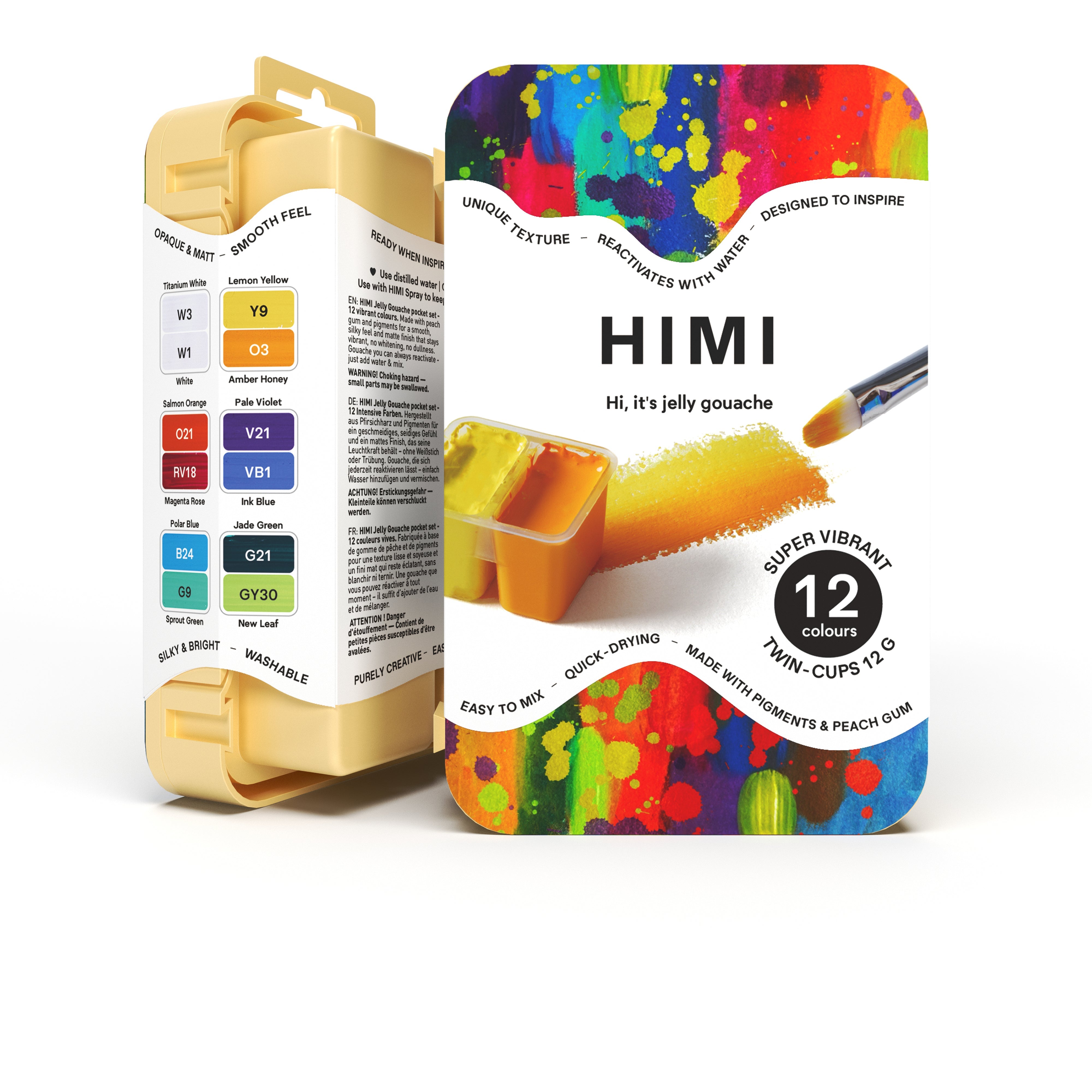 HIMI Twin Cup Gouache Set - 12 Super Vibrant Colours (Yellow Case) open twin-cup palette of high-saturation tones.