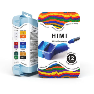 HIMI Twin Cup Gouache Set - 12 Very Basic Colours (Ice Blue Case) open twin-cup palette of essential mixing colours.