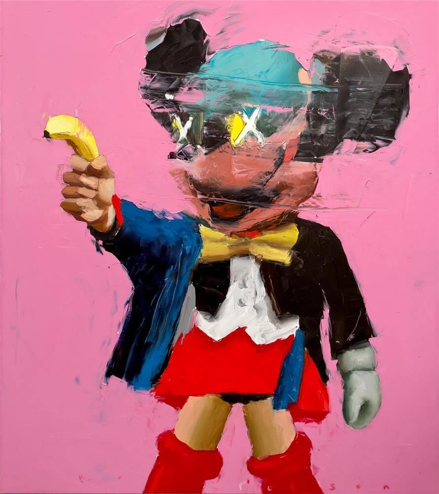 "Honeybunny by Brad Robson" painting depicting a colorful abstract figure holding a banana on a pink background.