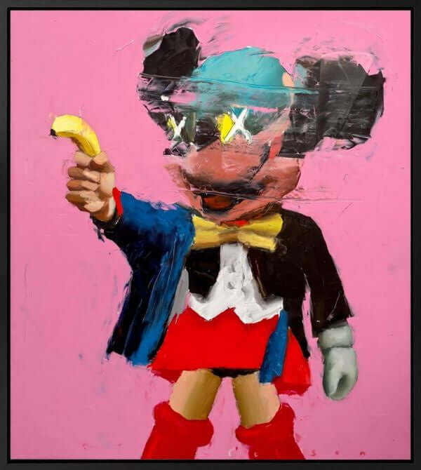 Painting titled 'Honeybunny by Brad Robson' featuring a pop culture icon in colorful abstract style, pink background.