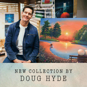 Doug Hyde showcasing his new art collection "Family Time" featuring mindfulness and nature themes in vibrant paintings and sculptures.