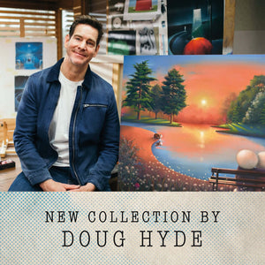 Artist with Together Time painting from Doug Hyde's 'Days Like These' collection, featuring a lakeside scene with sunset and dog.