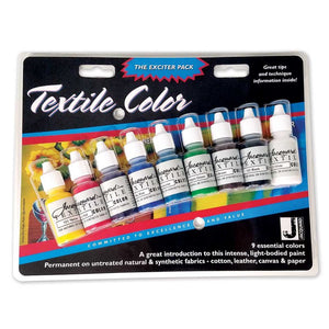 Jacquard Textile Color – Exciter Pack (9 x 14.79ml) fabric paints for natural and synthetic fibers, suitable for crafts and textiles.