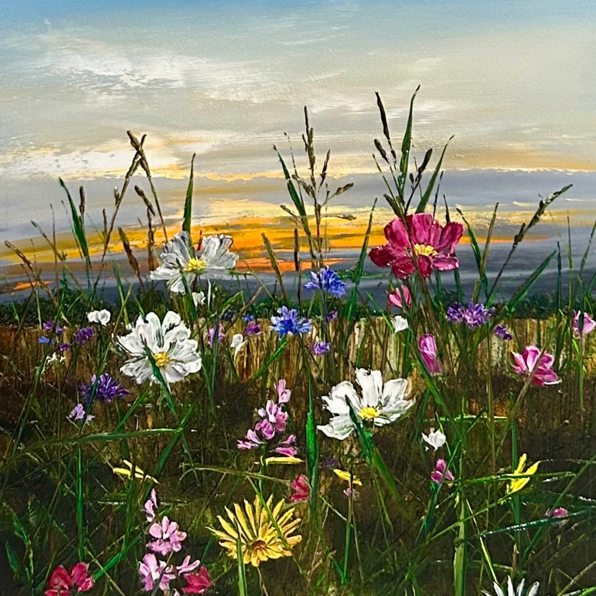 Wildflower Horizons by Kimberley Harris, showcasing a luminous landscape of colorful wildflowers at sunset.