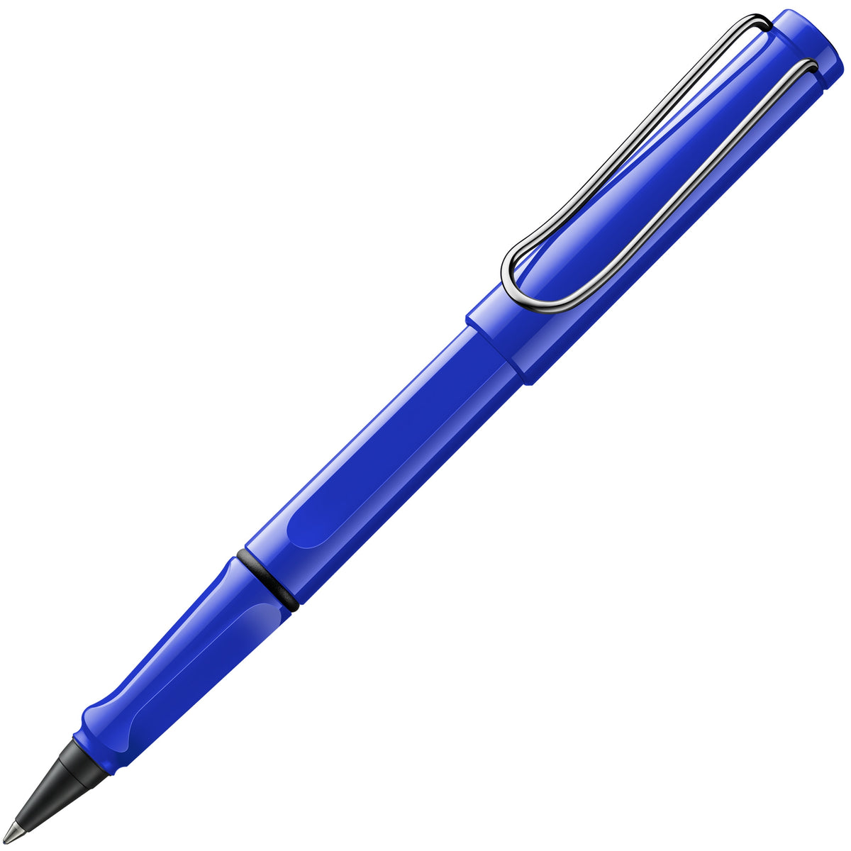 LAMY safari roll-ink in Blue, uncapped, showing the rollerball tip and triangular grip