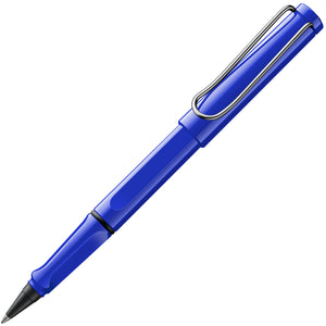 LAMY safari roll-ink in Blue, uncapped, showing the rollerball tip and triangular grip