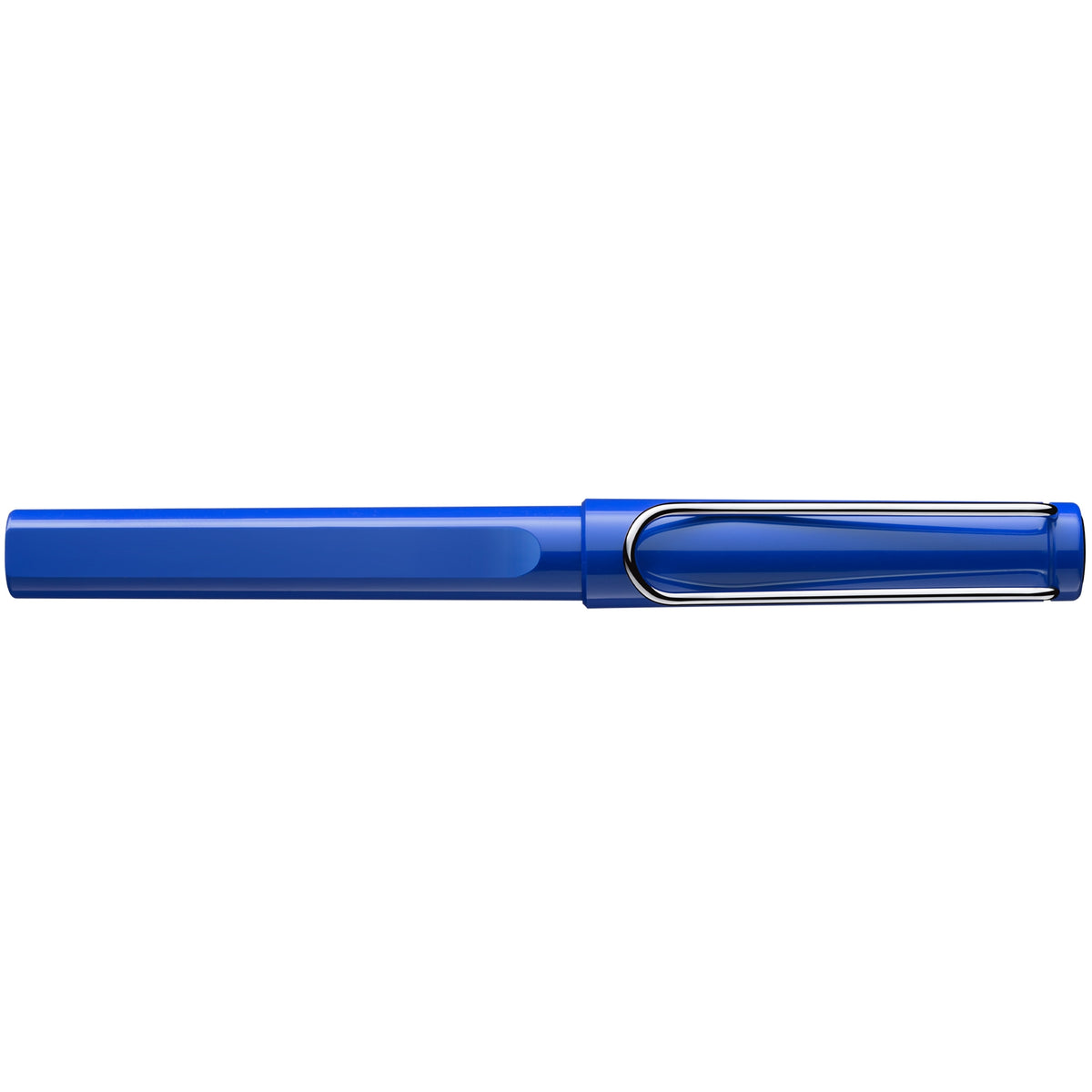 LAMY safari roll-ink in Blue, capped, side view with wire clip